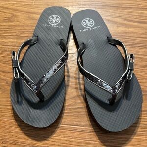 Tory Burch Pewter Flip Flops with Glitter Bow